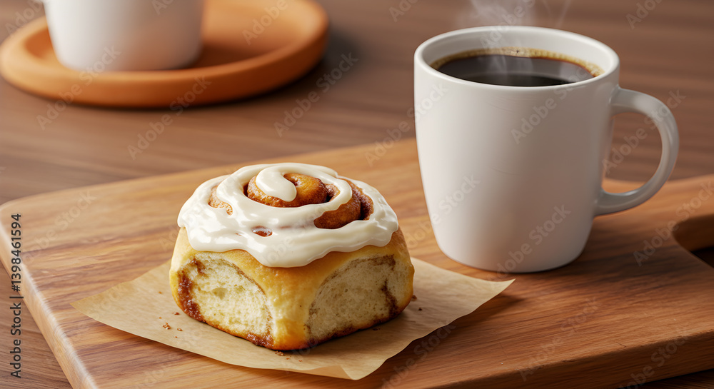 Delicious Cinnamon Roll with Icing and Coffee in a Cozy Setting Delicious Cinnamon Roll with Icing and Coffee in a Cozy Setting