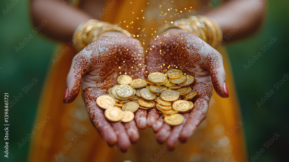 Indian woman's hands decorated with henna mehndi designs holding gold coins, Akshaya Tritiya festival, Indian religious festival Aksaya Trithiya, wealth, money, fortune, india