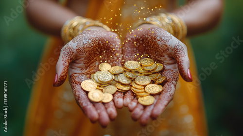 Obraz na płótnie Indian woman's hands decorated with henna mehndi designs holding gold coins, Akshaya Tritiya festival, Indian religious festival Aksaya Trithiya, wealth, money, fortune, india w salonie