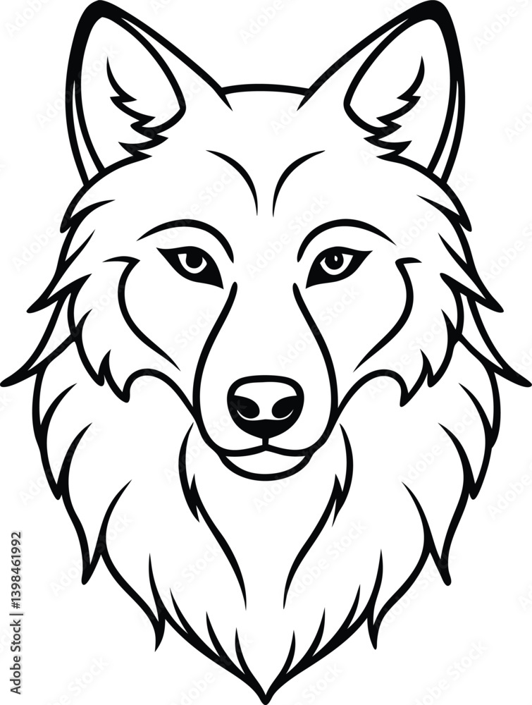 Naklejka premium Intricate Outline Drawing of a Wolf's Head in Black and White