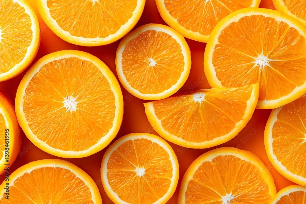 Sliced oranges arranged artfully against an orange background, with vibrant colors and textures Sliced oranges arranged artfully against an orange background, with vibrant colors and textures