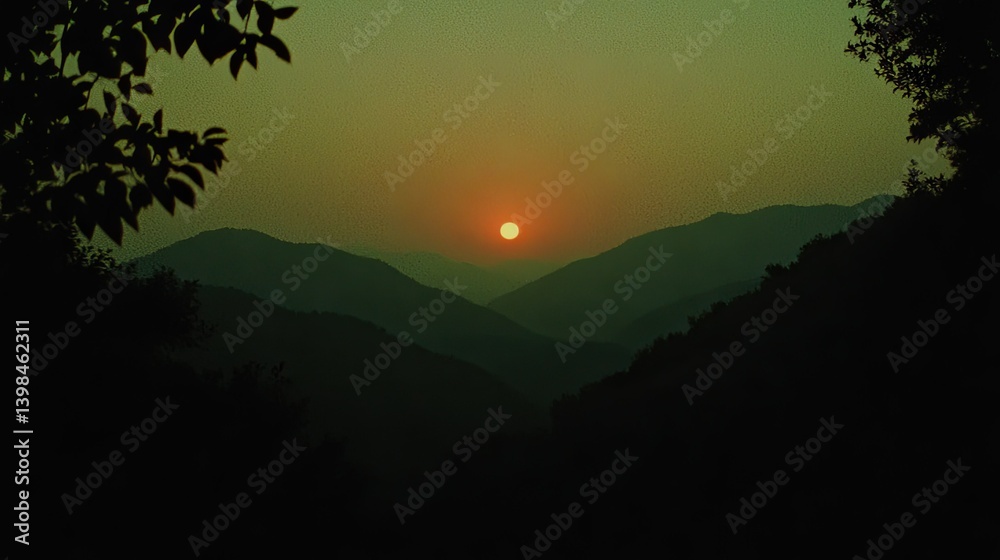 Naklejka premium A stunning sunset illuminating mountains surrounded by foliage silhouettes