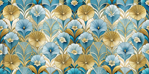 Elegant floral pattern in blue and gold tones, perfect for home decor.