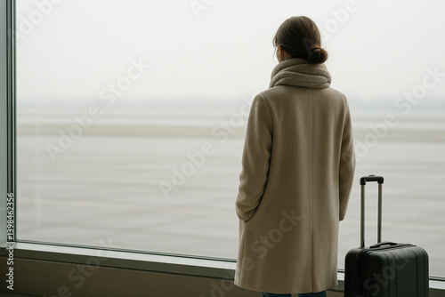 Woman waiting thoughtfully at airport window with suitcase  