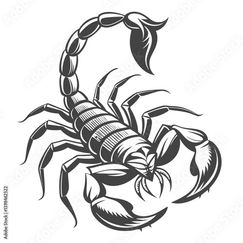 Stylized Black and White Illustration of a Scorpion with Prominent Claws and Segmented Body