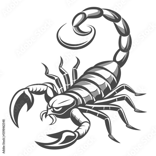 Stylized Black and White Illustration of a Scorpion with Prominent Claws and Segmented Body