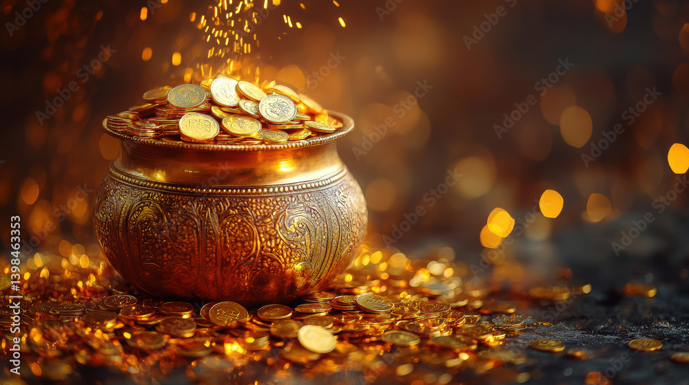 golden hindu pot full of gold coins pouring out of it on blurred background, akshaya tritiya, indian religious festival, aksaya trithiya, wealth, money, fortune