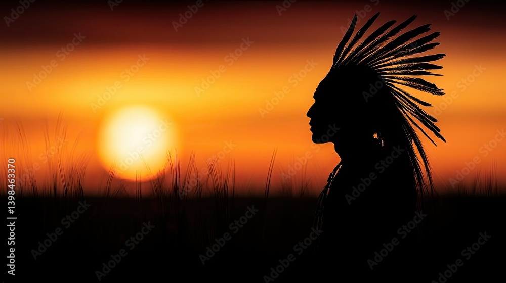 A Silhouetted Native American Profile Standing Underneath A Sunset Sky