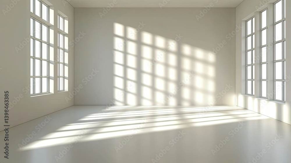 Fototapeta premium The empty interior space is illuminated by natural light and shadows