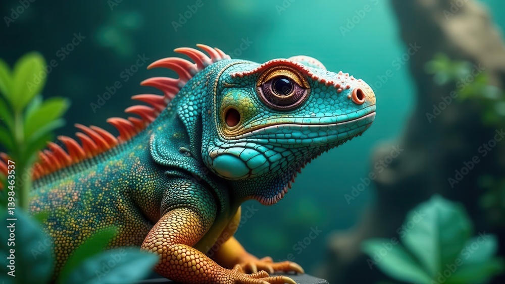 Fototapeta premium Vibrant reptile, striking scales, and a captivating gaze amidst lush green foliage