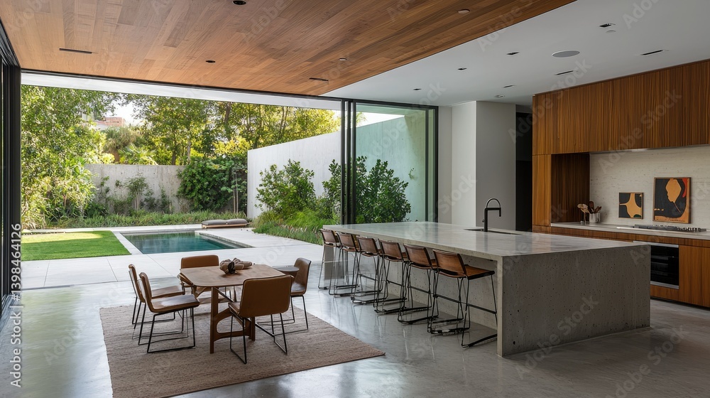 Fototapeta premium An open kitchen and dining area facing a backyard swimming pool