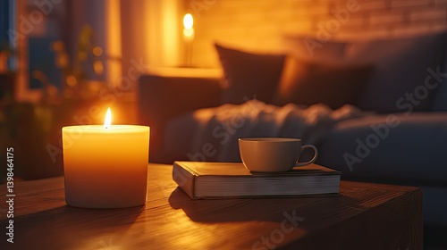 A candle illuminates a cozy reading nook with warm ambient lighting