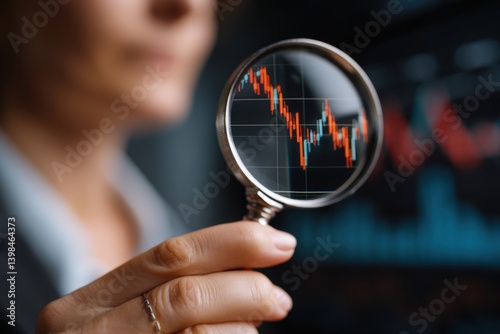 Businesswoman analyzing decreasing graph with magnifying glass