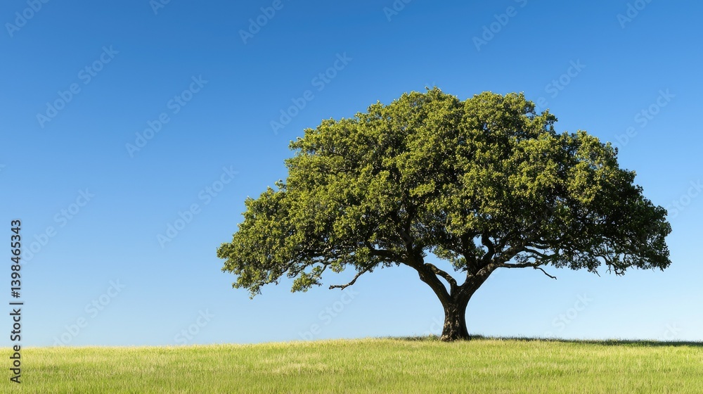 A large mature tree stands proudly on a grassy green field A large mature tree stands proudly on a grassy green field