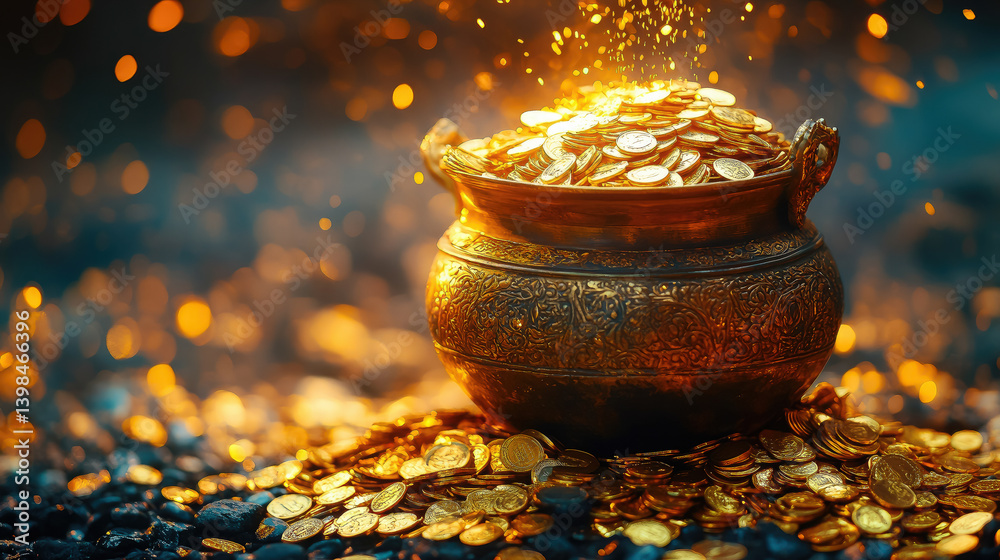 golden hindu pot full of gold coins pouring out of it on blurred background, akshaya tritiya, indian religious festival, aksaya trithiya, wealth, money, fortune