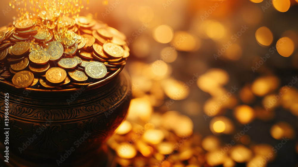 golden hindu pot full of gold coins pouring out of it on blurred background, akshaya tritiya, indian religious festival, aksaya trithiya, wealth, money, fortune