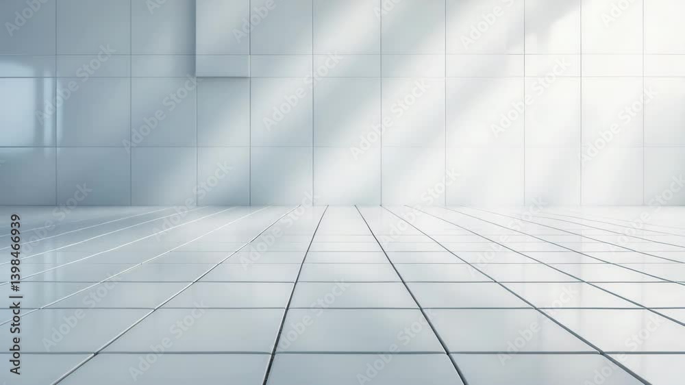 Perspective view of a white tiled floor backdrop. Immaculate, reflective, and symmetrical featuring a grid line texture, with ample clear space for product display.