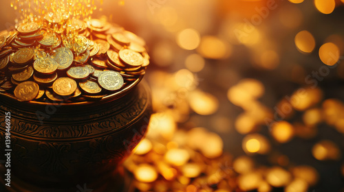 Obraz na płótnie golden hindu pot full of gold coins pouring out of it on blurred background, akshaya tritiya, indian religious festival, aksaya trithiya, wealth, money, fortune w salonie