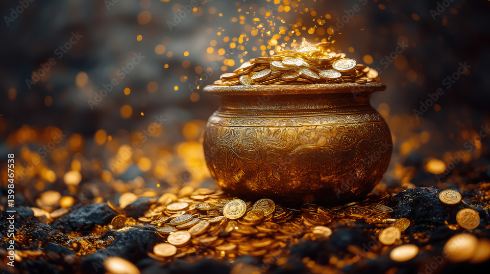 golden hindu pot full of gold coins pouring out of it on blurred background, akshaya tritiya, indian religious festival, aksaya trithiya, wealth, money, fortune