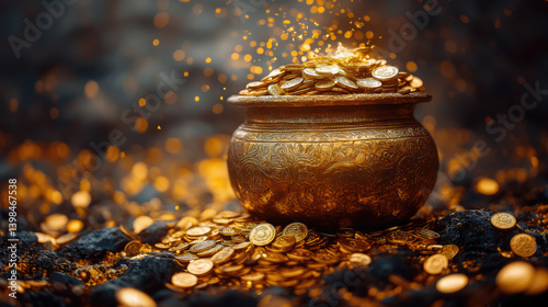 Obraz na płótnie golden hindu pot full of gold coins pouring out of it on blurred background, akshaya tritiya, indian religious festival, aksaya trithiya, wealth, money, fortune w salonie