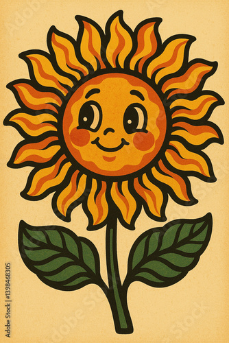grunge retro cartoon sunflower with a smile