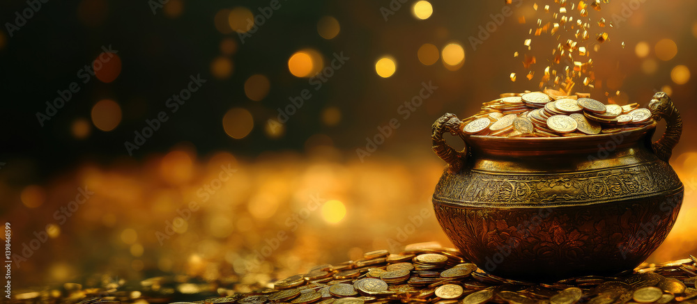 golden hindu pot full of gold coins pouring out of it on blurred background, akshaya tritiya, indian religious festival, aksaya trithiya, wealth, money, fortune