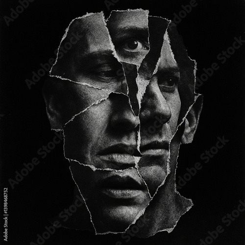 A surreal collage-style portrait made of multiple torn black-and-white photographs of different human faces