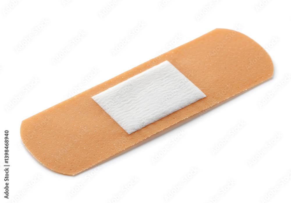 Close-up of a single adhesive bandage on a white background. Close-up of a single adhesive bandage on a white background.