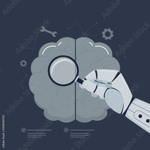Doctor robot hand uses magnifying glass looking brain analysis and head anatomy. Diagnosis with AI artificial intelligence technology. Innovative medical healthcare,