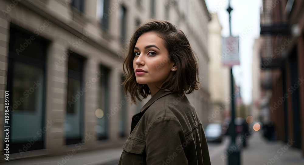 Woman turning her head slightly as she walks through a city street. The background is softly blurred, with hints of urban buildings. Woman turning her head slightly as she walks through a city street. The background is softly blurred, with hints of urban buildings.