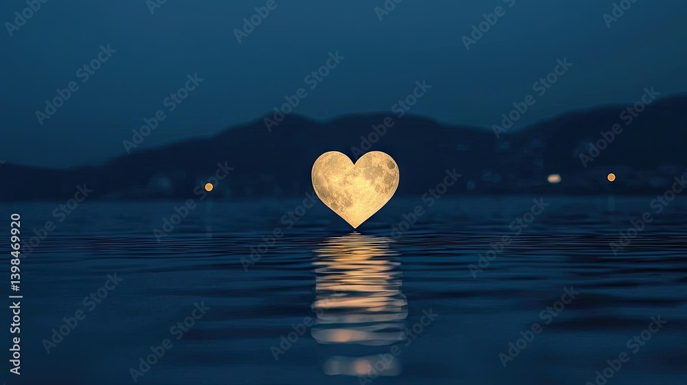 Fototapeta premium A heart shaped moon reflecting onto serene water at dusk