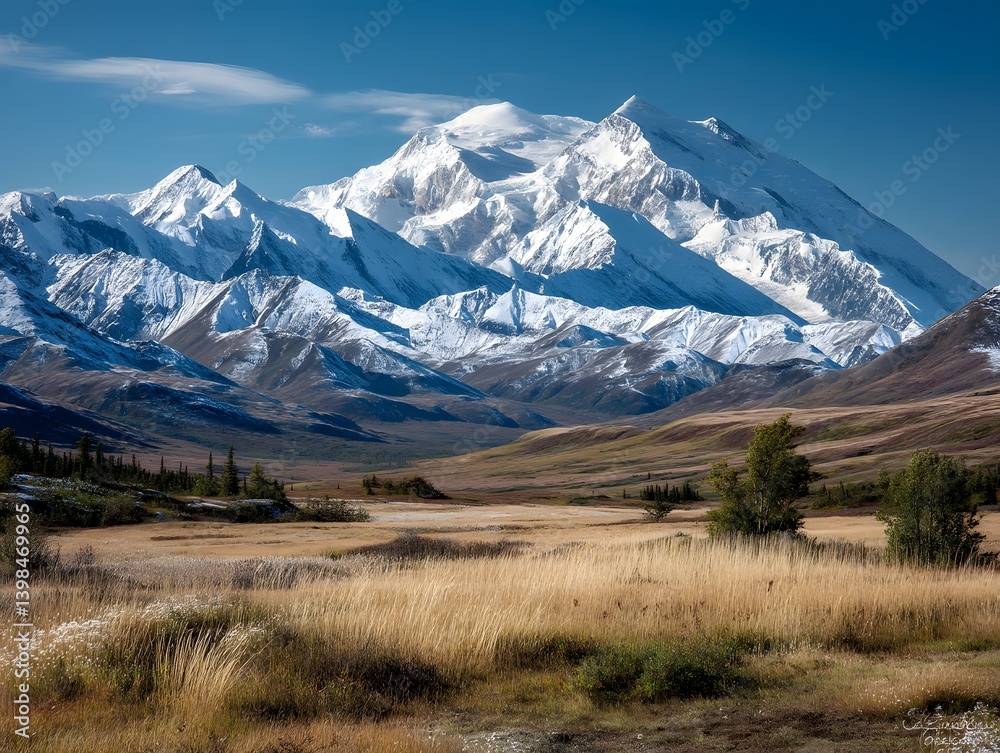 Fototapeta premium Majestic Mountain Vista: Breathtaking view of a towering snow-capped mountain range under a bright blue sky. Captured with an expansive foreground of a rolling landscape. A scene of serenity.