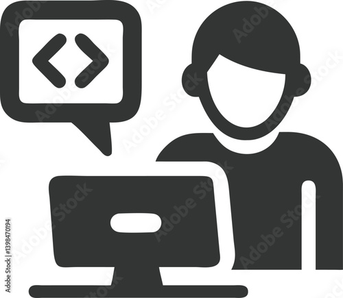 Developer Icon at Computer with Code Symbol Speech Bubble in Simple Style