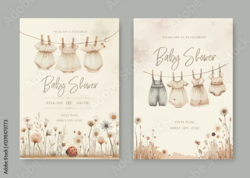 Watercolor Invitation Birthday Template card with children's clothes drying on a clothesline.