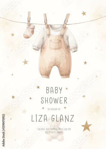 Watercolor Invitation Birthday Template card with children's clothes drying on a clothesline.
