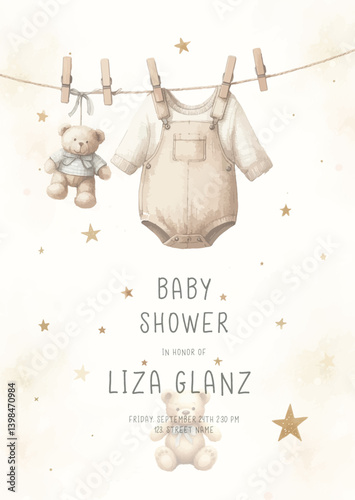 Watercolor Invitation Birthday Template card with children's clothes drying on a clothesline.