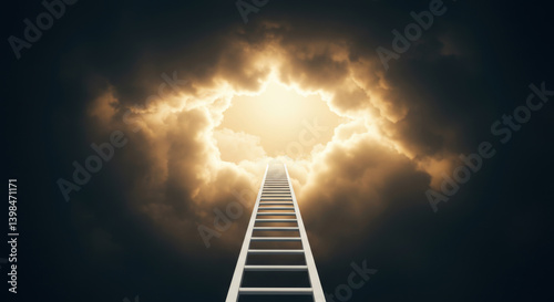 White ladder leading into glowing sky light through dramatic clouds, symbolizing personal growth, hope, transcendence. Ideal for spiritual, motivational, career themes. Low angle view
