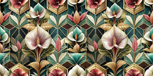 Vibrant floral pattern featuring intricate botanical designs on a dark background.