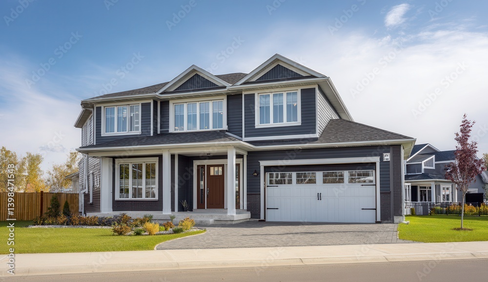 Modern suburban home with blue siding and a spacious yard under a clear sky. Modern suburban home with blue siding and a spacious yard under a clear sky.