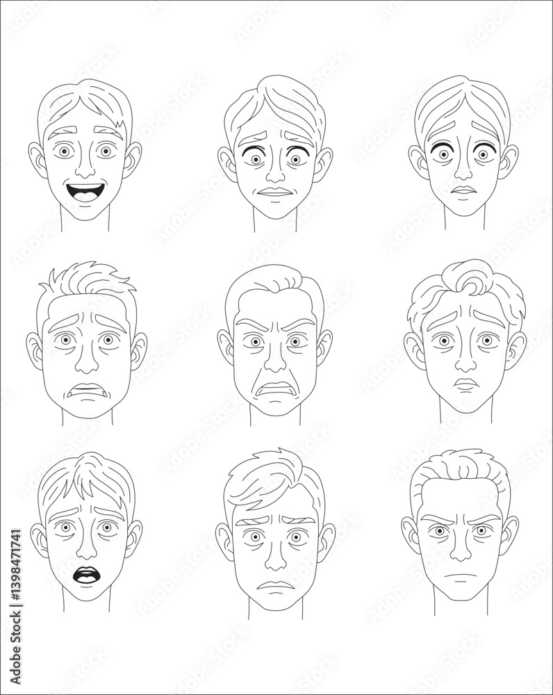 A set of 9 expressive male faces showcasing a variety of human emotions in clean black and white vector line art. Includes emotional states A set of 9 expressive male faces showcasing a variety of human emotions in clean black and white vector line art. Includes emotional states