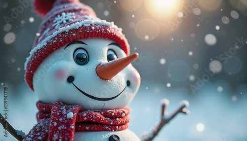 Photorealistic close-up of smiling snowman face with frosty snow


