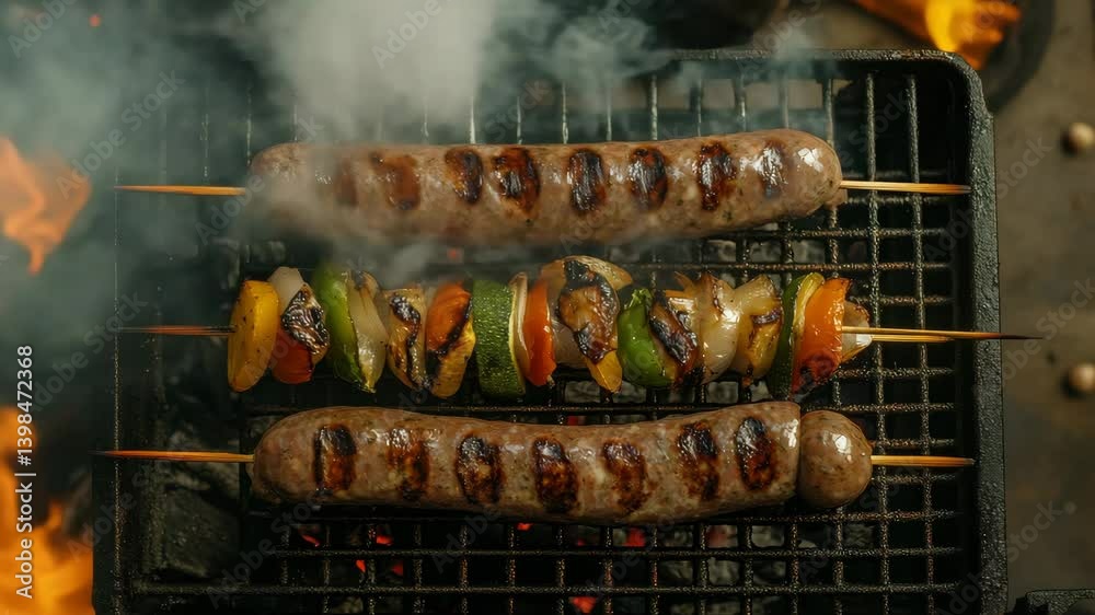 A close-up of grilled sausages and colorful vegetable skewers on a barbecue grill with smoke wafting upwards. The sausages are perfectly charred with grill marks and glistening in the warm light.