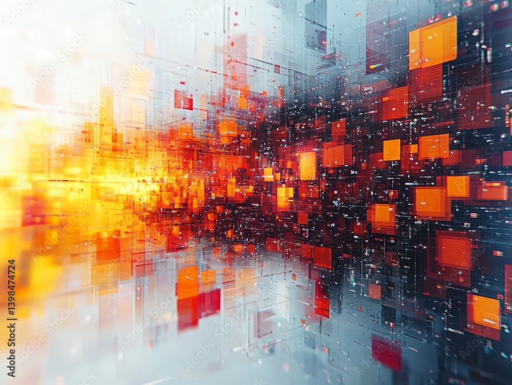 Obraz premium Abstract Cityscape of Interconnected Data Cubes: A Futuristic Digital Landscape, Highlighting Data Flow and Connection.