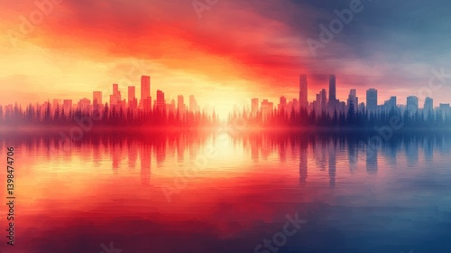 Fiery Sunset Cityscape Reflection