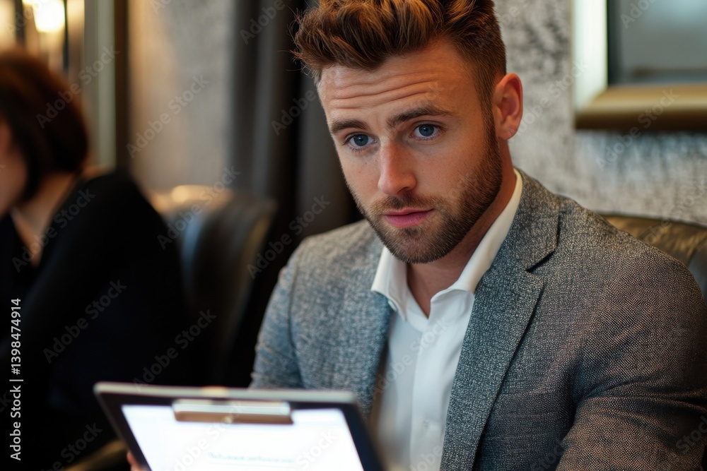 Naklejka premium Stylish businessman holding clipboard in upscale lounge, engaged in thoughtful conversation during a professional business meeting