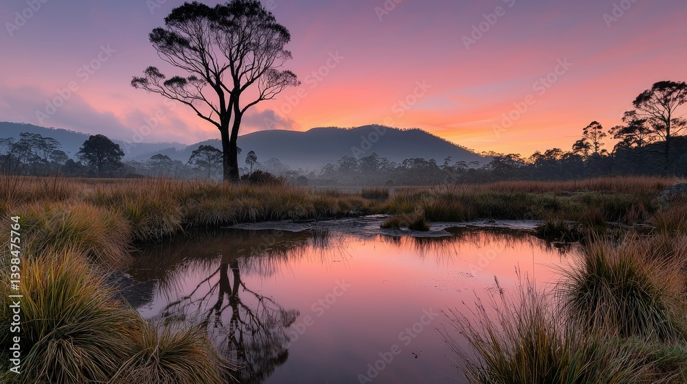 A scenic sunset reflected in tranquil wetland waters and sky A scenic sunset reflected in tranquil wetland waters and sky