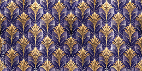 Elegant gold and navy blue art deco pattern with intricate leaf designs.