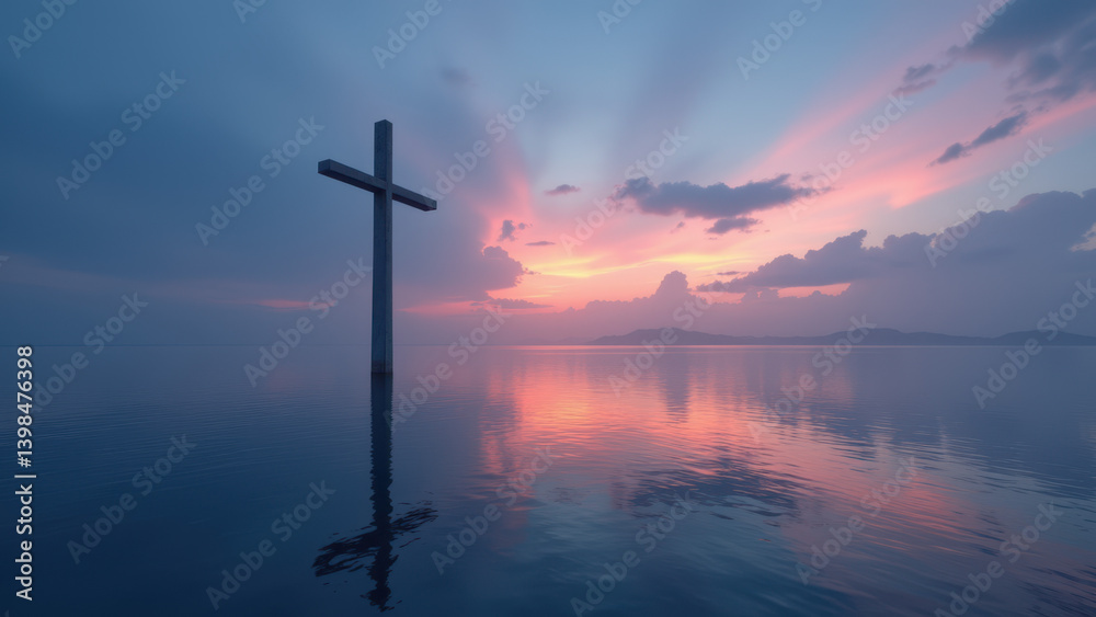 Christian cross with sunset reflection on water's surface, evoking peacefulness and spirituality. Christian cross with sunset reflection on water's surface, evoking peacefulness and spirituality.