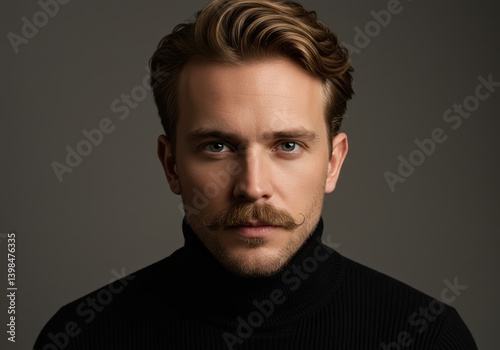 A man with a stylish mustache and curly hair poses confidently, wearing a black turtleneck.
