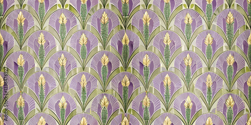 Elegant Art Deco floral pattern in purple and green hues.